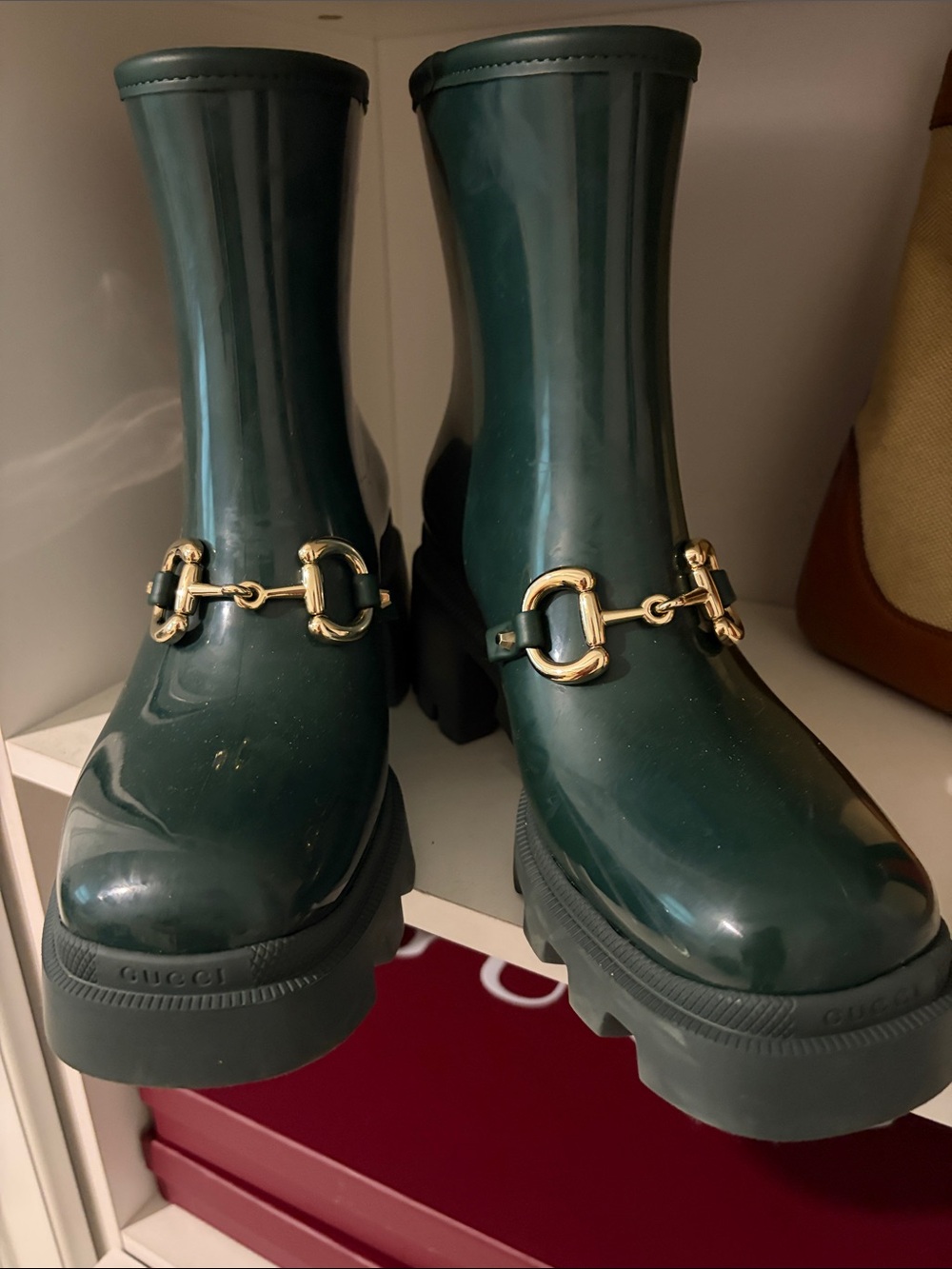Gucci Dark Teal Glossy Rubber Horsebit Boots